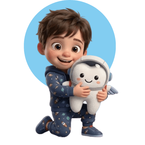 Happy child hugging a mascot tooth character.